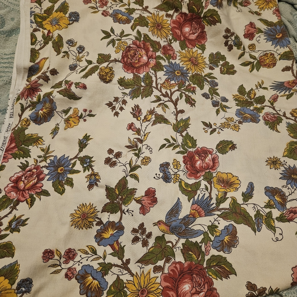 VINTAGE Waverly Grand Terre Floral Bird Fabric Pink Blue Gold Cotton 1960s 1970s